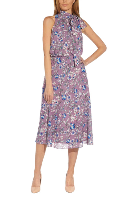 Adrianna Papell Tie Halter Neck Sleeveless Blouson Floral Print Fit & Flare Chiffon Dress by Curated Brands