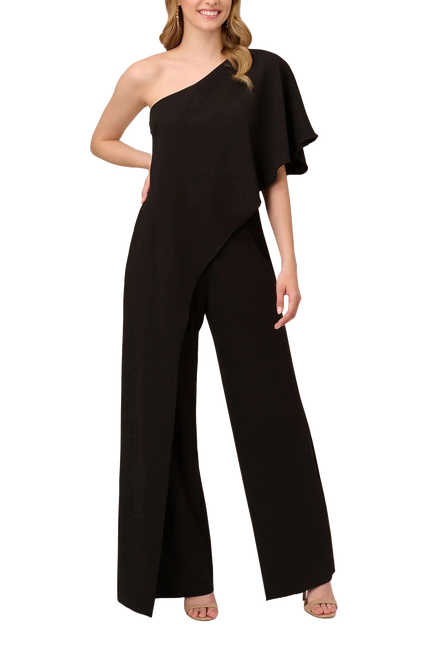 Adrianna Papell Asymmetrical One Shoulder Cape Sleeve Stretch Crepe Solid Jumpsuit by Curated Brands
