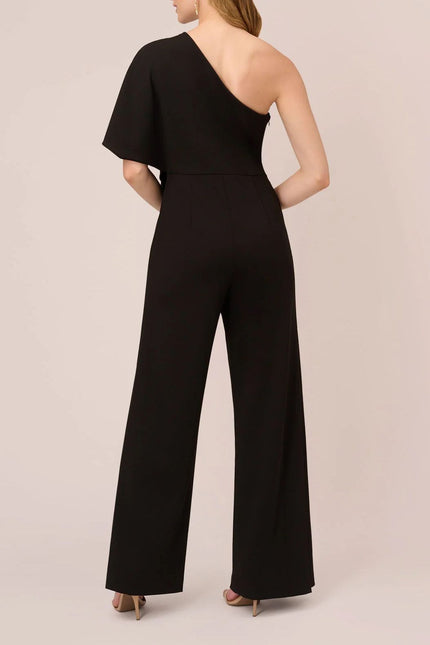 Adrianna Papell Asymmetrical One Shoulder Cape Sleeve Stretch Crepe Solid Jumpsuit by Curated Brands