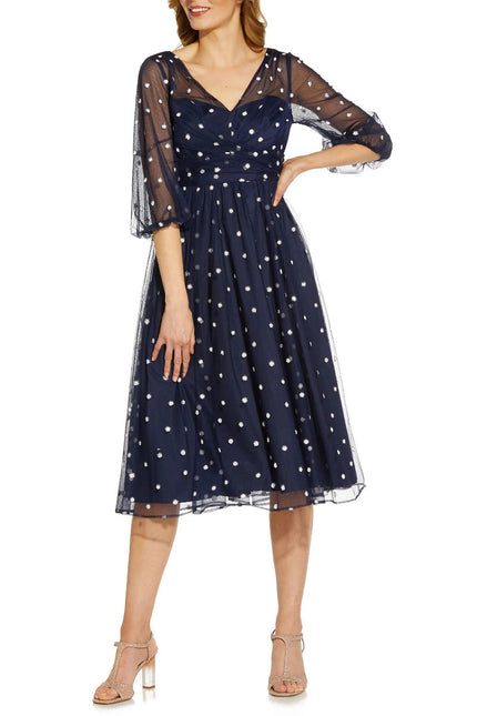Adrianna Papell Surplice V- Neck Back Zipper 3/4 Sleeves Beaded Midi Dress by Curated Brands