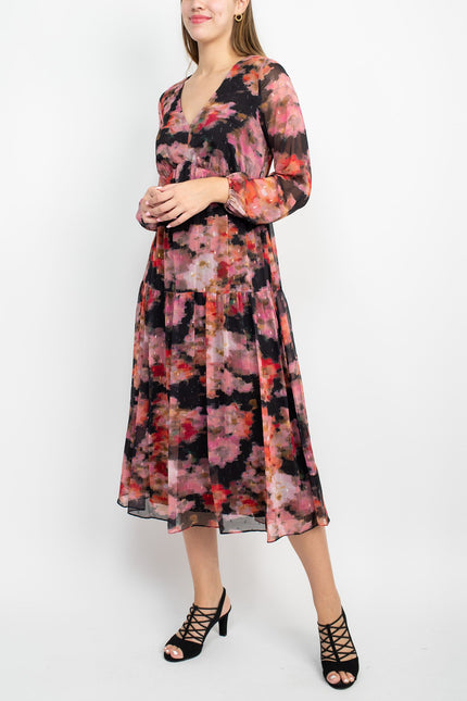 Adrianna Papell V-Neck Long Sleeve Floral Print Empire Waist Tiered Chiffon Dress by Curated Brands