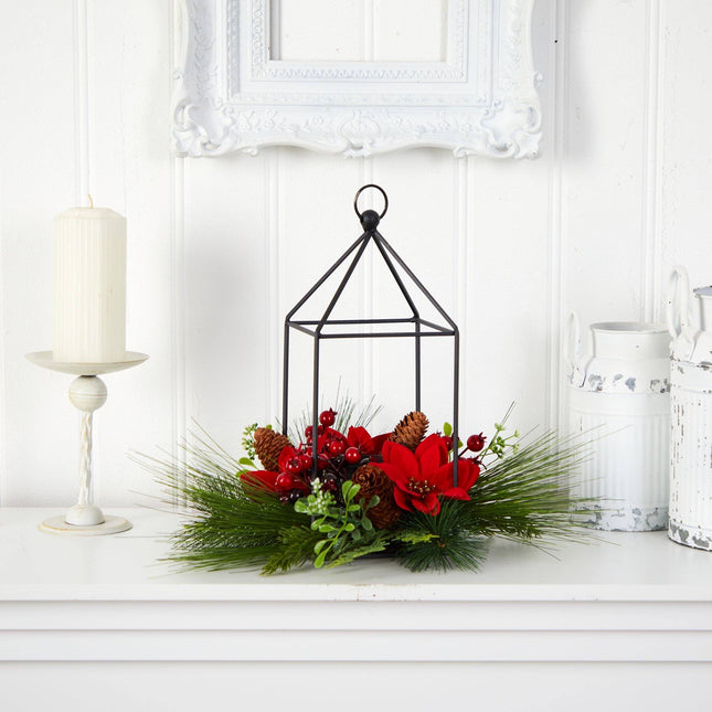 14” Christmas Poinsettia, Berry and Pinecone Metal Candle Holder Christmas Table Arrangement by Nearly Natural