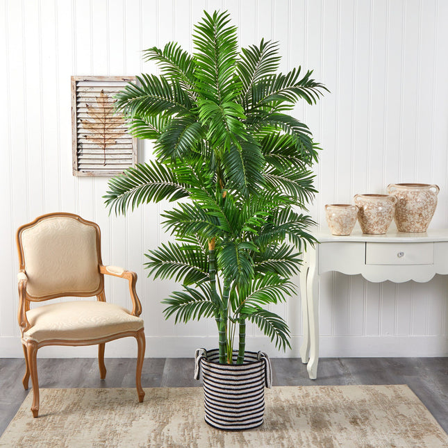 6’ Curvy Parlor Artificial Palm Tree in Handmade Black and White Natural Jute and Cotton Planter by Nearly Natural