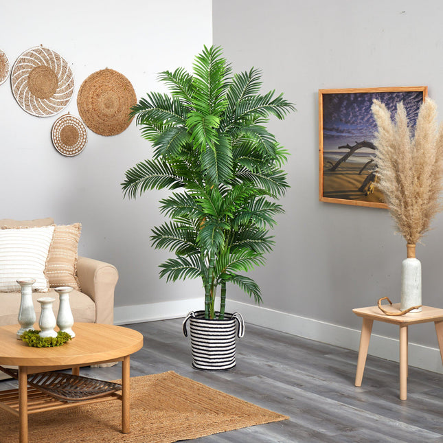 6’ Curvy Parlor Artificial Palm Tree in Handmade Black and White Natural Jute and Cotton Planter by Nearly Natural