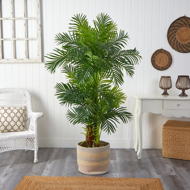 6’ Hawaii Artificial Palm Tree in Handmade Natural Cotton Multicolored Woven Planter by Nearly Natural
