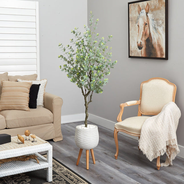 70” Eucalyptus Artificial Tree in White Planter with Stand by Nearly Natural