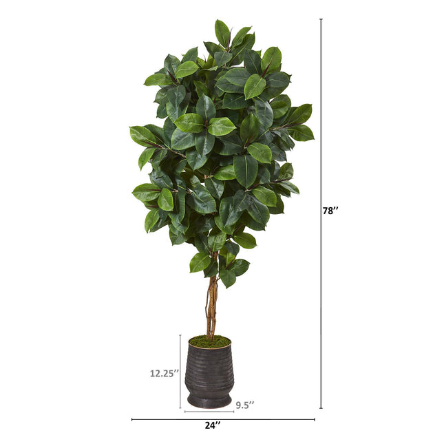 78” Rubber Leaf Artificial Tree in Ribbed Metal Planter by Nearly Natural