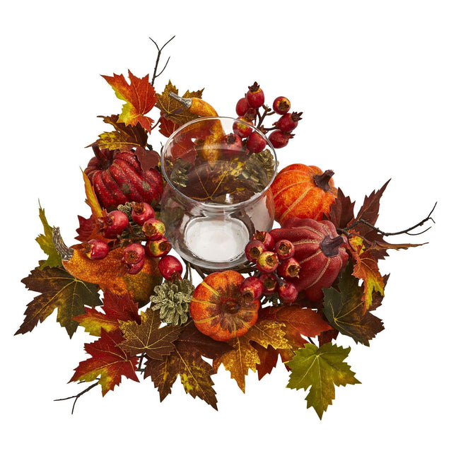 8" Pumpkin, Gourd, Berry and Maple Leaf Artificial Arrangement Candelabrum" by Nearly Natural