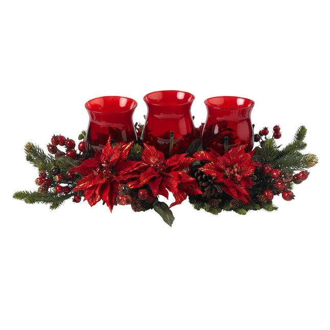 Poinsettia & Berry Triple Candle Holder by Nearly Natural