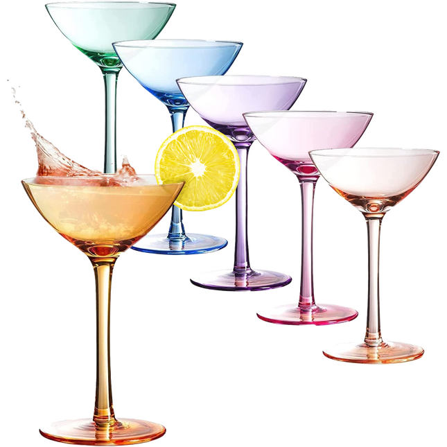 Colored Coupe Glasses Set of 6 | 12 oz Classic Cocktail Glassware for Champagne, Martini, Manhattan, Cosmopolitan, Sidecar, Crystal Speakeasy Style Goblets Stems, Elegantly Vintage Color by The Wine Savant