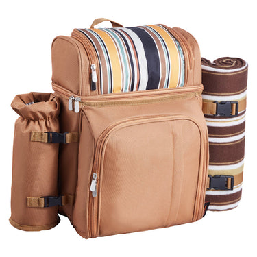 Beach Picnic Backpack Bag for 4 Person with Cooler Compartment Brown