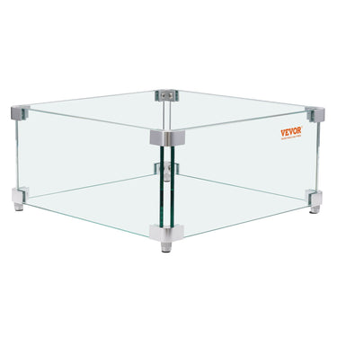 Gas Fire Pit Wind Guard for Square Fire Table, 15 x 15 x 7 inch Clear Tempered Wind Guard for Firepits, 0.31 inch Thick Square Glass Shield, Glass Panel with Hard Corner Bracket & Feet