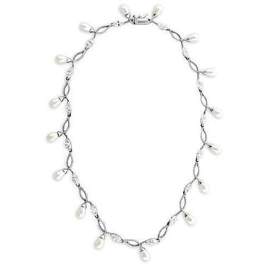 7X420 - Rhodium 925 Sterling Silver Necklace with Synthetic Pearl in White
