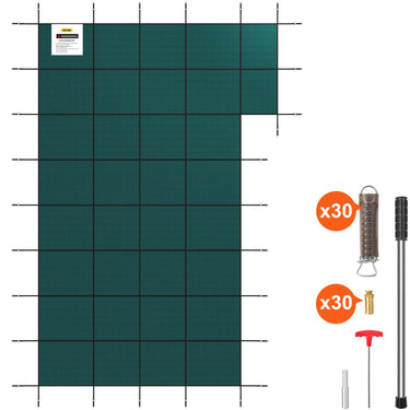 Inground Pool Safety Cover, 22 ft x 42 ft Rectangular Winter Pool Cover with Right Step, Triple Stitched, High Strength Mesh PP, Good Rain Permeability, Installation Hardware Included