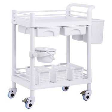 2 Tiers Lab Carts Mobile Medical Cart 2 Trays 2 Drawers 3 Trash Cans White, Trolley Storage Cart with PP Material, Lab Rolling Cart with 4 Silent Wheels for Lab, Clinic, Hospital, Salon, Office