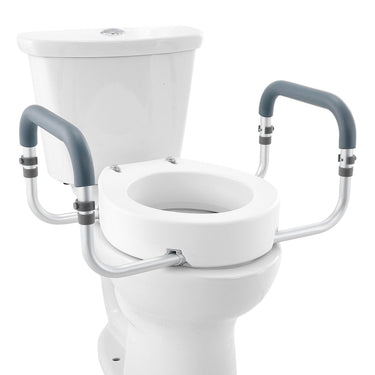 Raised Toilet Seat, 3.5" Height Raised, 300 lbs Weight Capacity, for Standard Round Toilet, Aluminum Handrail, with EVA Armrest Padding, for Elderly, Handicap, Patient, Pregnant, Medical