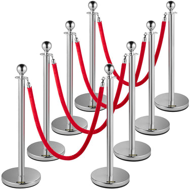 Crowd Control Stanchion, Set of 8 Pieces Stanchion Set, Stanchion Set with 5 ft/1.5 m Red Velvet Rope, Silver Crowd Control Barrier w/ Sturdy Concrete and Metal Base – Easy Connect Assembly
