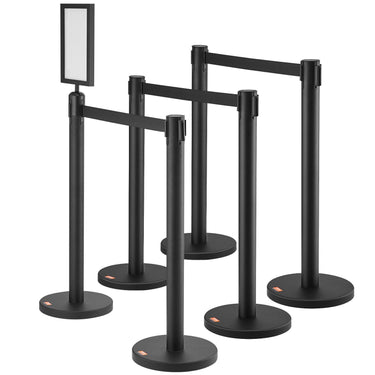 Crowd Control Stanchions, 6-Pack Crowd Control Barriers, Carbon Steel Baking Painted Stanchion Queue Post with Sign Holder & 3PCS 6.5FT Retractable Belt, Belt Barrier Line Divider, Easy Assembly