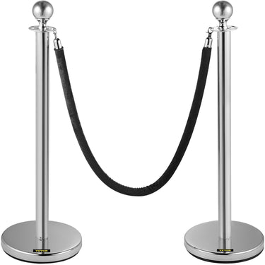 Crowd Control Stanchion, Set of 2 Pieces Stanchion, Stanchion Set with 5 ft/1.5 m Black Velvet Rope, Silver Crowd Control Barrier w/Sturdy Concrete and Metal Base – Easy Connect Assembly