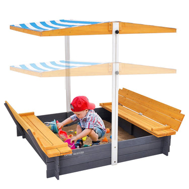 Wooden Sandbox with Canopy, 57.3 x 47.2 x 47.2 in Sand Box, Sand Pit with Foldable Bench Seats and Bottom Liner, Natural Wood Kids Sandbox for Outdoor Backyard, Beach, Park, Gift for Ages 3-12