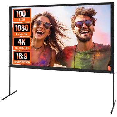 Projector Screen with Stand, 100 inch 16:9 4K 1080 HD Outdoor Movie Screen with Stand, Wrinkle-Free Projection Screen with Bar Feet and Carry Bag, for Home Theater Cinema Backyard Movie Night