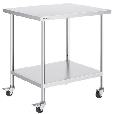Stainless Steel Work Table 30 x 18 x 38 Inch, with 4 Wheels, 3 Adjustable Height Levels, Heavy Duty Food Prep Worktable for Commercial Kitchen Restaurant, Silver