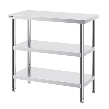 Stainless Steel Food Prep Table, 18 x 36 x 34 Inch Commercial Kitchen Worktable, with 2 Adjustable Undershelf, Heavy Duty Prep Table Metal Work Table for BBQ, Kitchen, Home, and Garage
