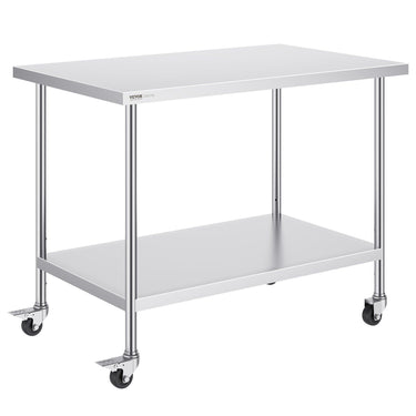 Stainless Steel Work Table 30 x 48 x 38 Inch, with 4 Wheels, 3 Adjustable Height Levels, Heavy Duty Food Prep Worktable for Commercial Kitchen Restaurant, Silver
