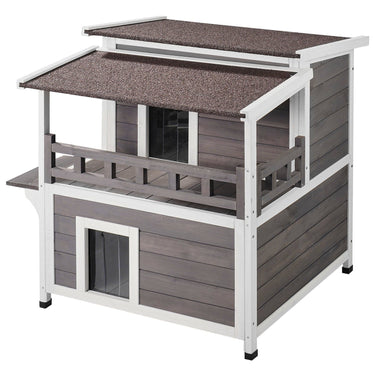 Outdoor Cat House 2-story Wooden Feral Cat Shelter with Balcony & Roof