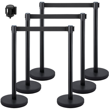 6 PCS Black Stanchion Posts Stainless Steel Stanchion Queue Post Black Belt Retractable 36In for Both Indoor and Outdoor use.