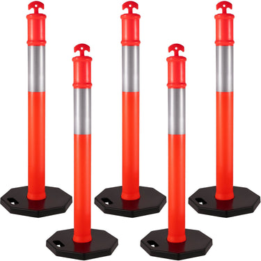 5Pack Delineator Posts 44 Inch Height, Orange PE Delineator Post Kit 10 inch Reflective Band, Traffic Delineator Posts with Rubber Base 16 inch for Construction Sites, Facility Management etc.