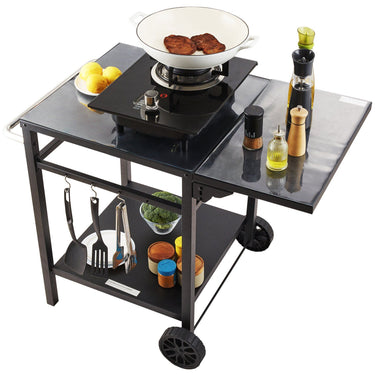 Outdoor Grill Dining Cart with Double-Shelf, BBQ Movable Food Prep Table, Multifunctional Foldable Iron Table Top, Portable Modular Carts for Pizza Oven, Worktable with 2 Wheels, Carry Handle