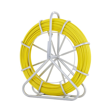 Fish Tape Fiberglass, 425 ft, 1/4 inch, Duct Rodder Fishtape Wire Puller, Cable Running Rod with Steel Reel Stand, 3 Pulling Heads, Fishing Tools for Walls and Electrical Conduit, Non-Conductive