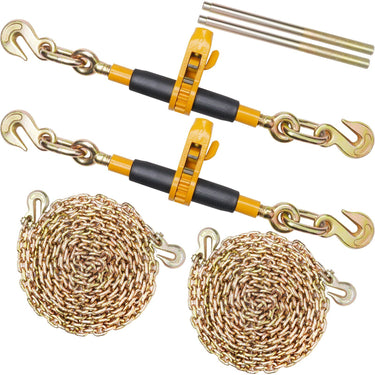 Ratchet Chain Binder 2PCS, 3/8"-1/2" Heavy Duty Load Binders, with G80 Chains 12000 lbs Secure Load Limit, Labor-saving Anti-skid Handle, Tie Down Hauling Chain Binders for Flatbed Truck Trailer