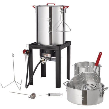 Turkey Deep Fryer, 30-qt Turkey & 10-qt Fish Steamer Cooker Set, Outdoor Aluminum Seafood Frying Pot, 54,000 BTU Burner Propane Gas Boiler, Includes Baskets, Perforated Poultry Rack, Thermometer