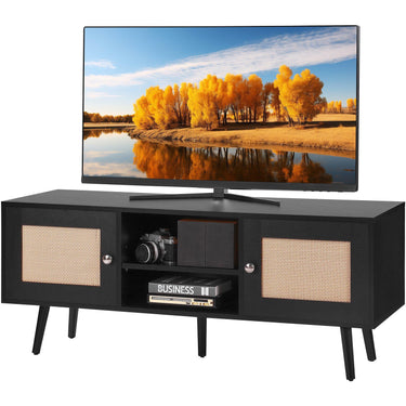 Rattan TV Stand, Boho TV Cabinet for 55 inch TV, Mid Century Modern TV Stand, Rattan TV Console with Adjustable Shelfs for Living Room, Media Room, Black