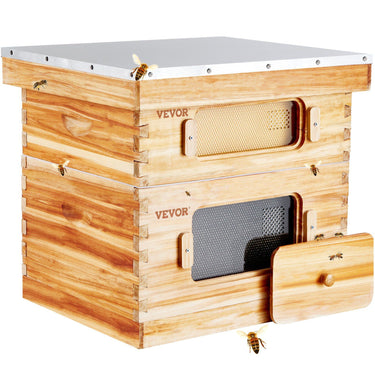 Bee Hive 20 Frame Bee Hives Starter Kit, Beeswax Coated Cedar Wood, 1 Deep + 1 Medium Bee Boxes Langstroth Beehive Kit, Transparent Acrylic Windows with Foundations for Beginners Pro Beekeepers