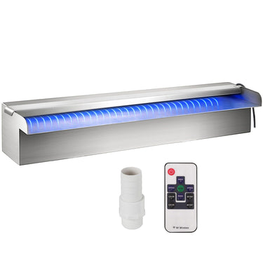 Pool Fountain Stainless Steel Pool Waterfall 11.8" x 4.5" x 3.1"(W x D x H) with LED Strip Light Waterfall Spillway with Pipe Connector Rectangular Garden Outdoor