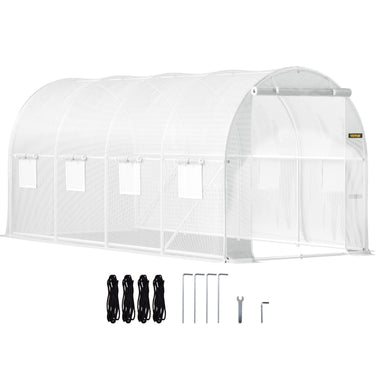 Walk-in Tunnel Greenhouse, 15 x 6.5 x 7 ft Portable Plant Hot House w/ Galvanized Steel Hoops, 1 Top Beam, Diagonal Poles, Zippered Door & 8 Roll-up Windows, White