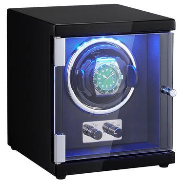 Watch Winder, Single Watch Winder for Men's and Women's Automatic Watch, with Super Quiet Japanese Mabuchi Motor, Blue LED Light and Adapter, High-Density Board Shell and Black PU