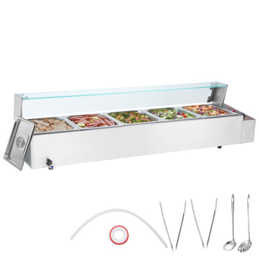 Commercial Electric Food Warmer Countertop Buffet 5*8Qt with Glass Shield