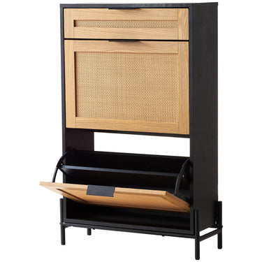 Rattan Shoe Cabinet, Narrow Shoe Storage Organizer with 2 Flip Rattan Drawers & 1 Slide Drawer, Metal Legs, Slim Shoe Entryway Cabinet Ideal for Entryway, Closet, Hallway, Black