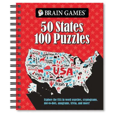 Brain Games - 50 States 100 Puzzles: Explore the USA in Word Searches, Cryptograms, Dot-To-Dots, Anagrams, Trivia, and More!