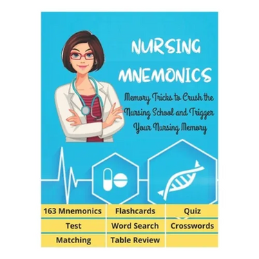 NURSING MNEMONICS - 163 Mnemonics, Flashcards, Quiz, Test, Word Search, Crosswords, Matching, Table Review: Best Help Studying for NCLEX, Memory Trick