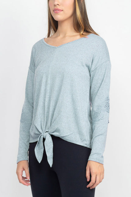 Tint + Shadow Boat Neck Long Sleeve Tie Front Hem Solid Knit Top by Curated Brands