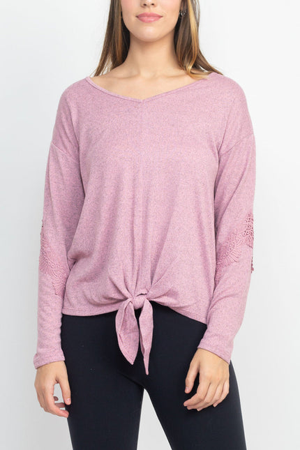 Tint + Shadow Boat Neck Long Sleeve Tie Front Hem Solid Knit Top by Curated Brands