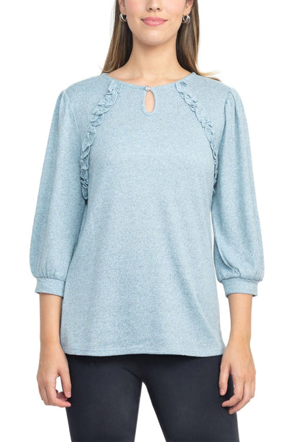 Tint + Shadow 3/4 Sleeve Crew Neck with Rhinestone Button Keyhole & Front Ruffle detail Knit Top by Curated Brands