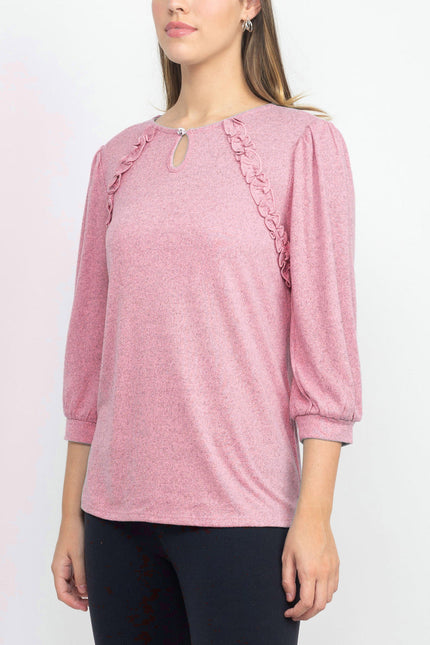 Tint + Shadow 3/4 Sleeve Crew Neck with Rhinestone Button Keyhole & Front Ruffle detail Knit Top by Curated Brands