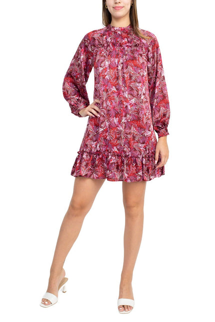 BCBG Generation Crew Neck Ruffle Detail Long Sleeve Cutout Back Multi Print Satin Dress by Curated Brands