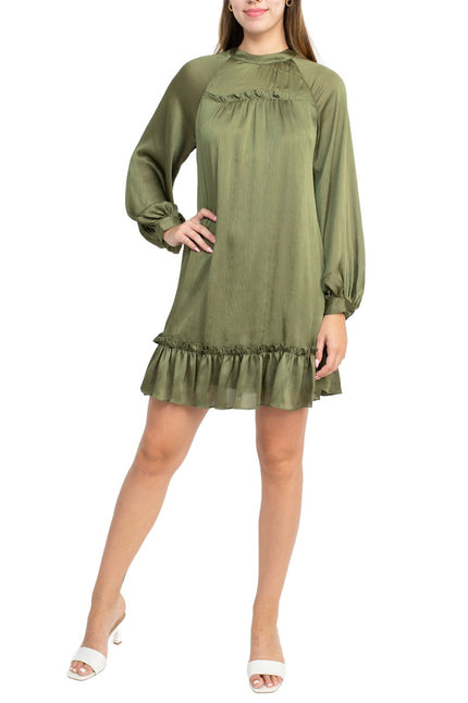 BCBG Generation Crew Neck Long Sleeve Ruffled Detail Cutout Back Solid Satin Dress by Curated Brands